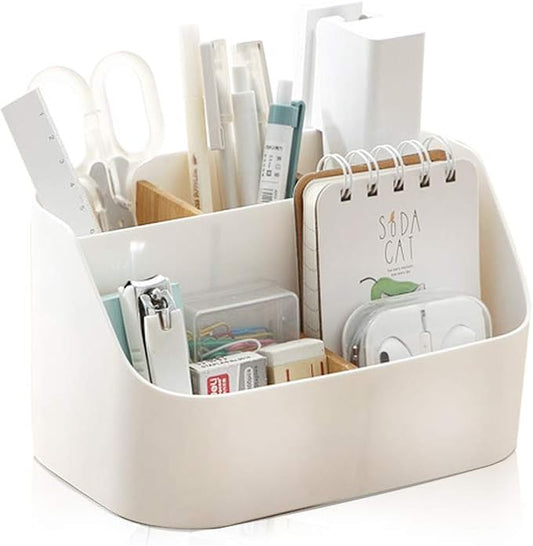 Desk Organizer with 5 Compartments, Office Supplies Organizers and Accessories, Makeup Brush Holder, Pen/Pencil Holder, Remote Control Holder with Movable Wooden Partition