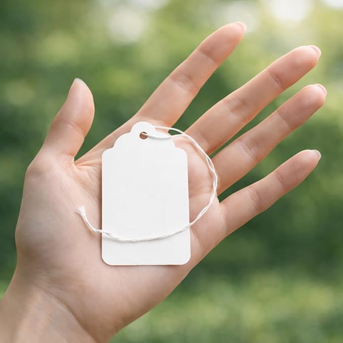 500 White Merchandise Tags #8 with String Attached – 2 3/4” x 1 11/16” – Paper Pre-Strung Marking Tags with 6” String for Pricing and Labeling