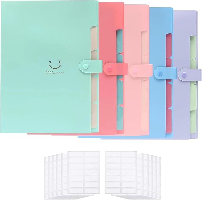 Expanding File Organizer – 5 Pack Accordion Folders with 168 Labels, Snap Closure, A4/Letter Size, Portable Document Storage for Home, Office & School