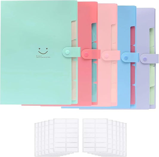 Expanding File Organizer – 5 Pack Accordion Folders with 168 Labels, Snap Closure, A4/Letter Size, Portable Document Storage for Home, Office & School