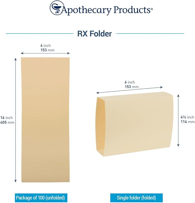 Apothecary Products XXL Prescription File Folder, Heavyweight Extended Medical Document Organizer, Durable RX Filing Storage for Pharmacies and Offices, Large Format Record Management, 100 Count