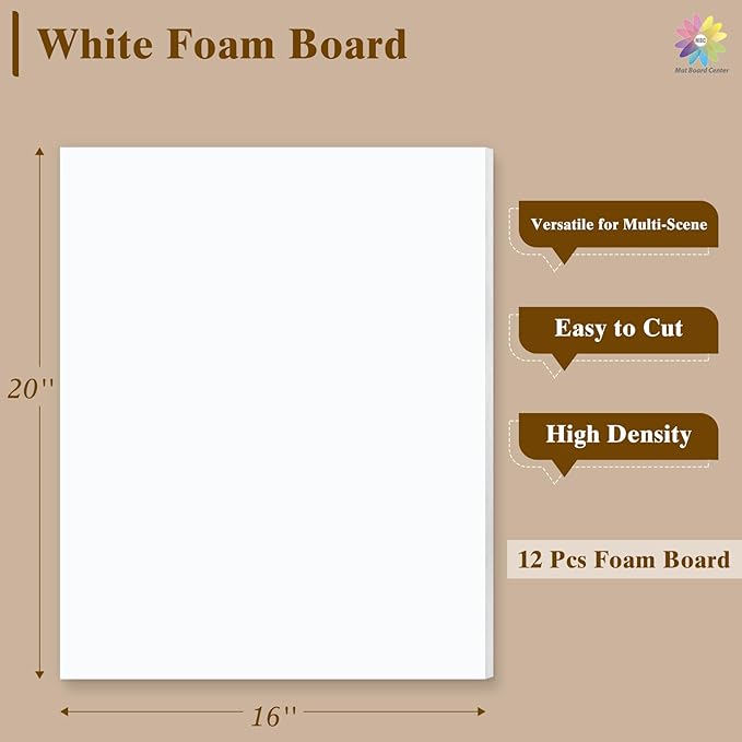 Mat Board Center, 12 Pack 16x20 White Foam Boards, Acid Free Foam Core Board, 1/8 inch Thick