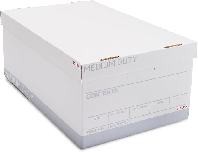 STAPLES Medium Duty File Box, Lift Off Lid, Legal, White/Gray, 12/Carton