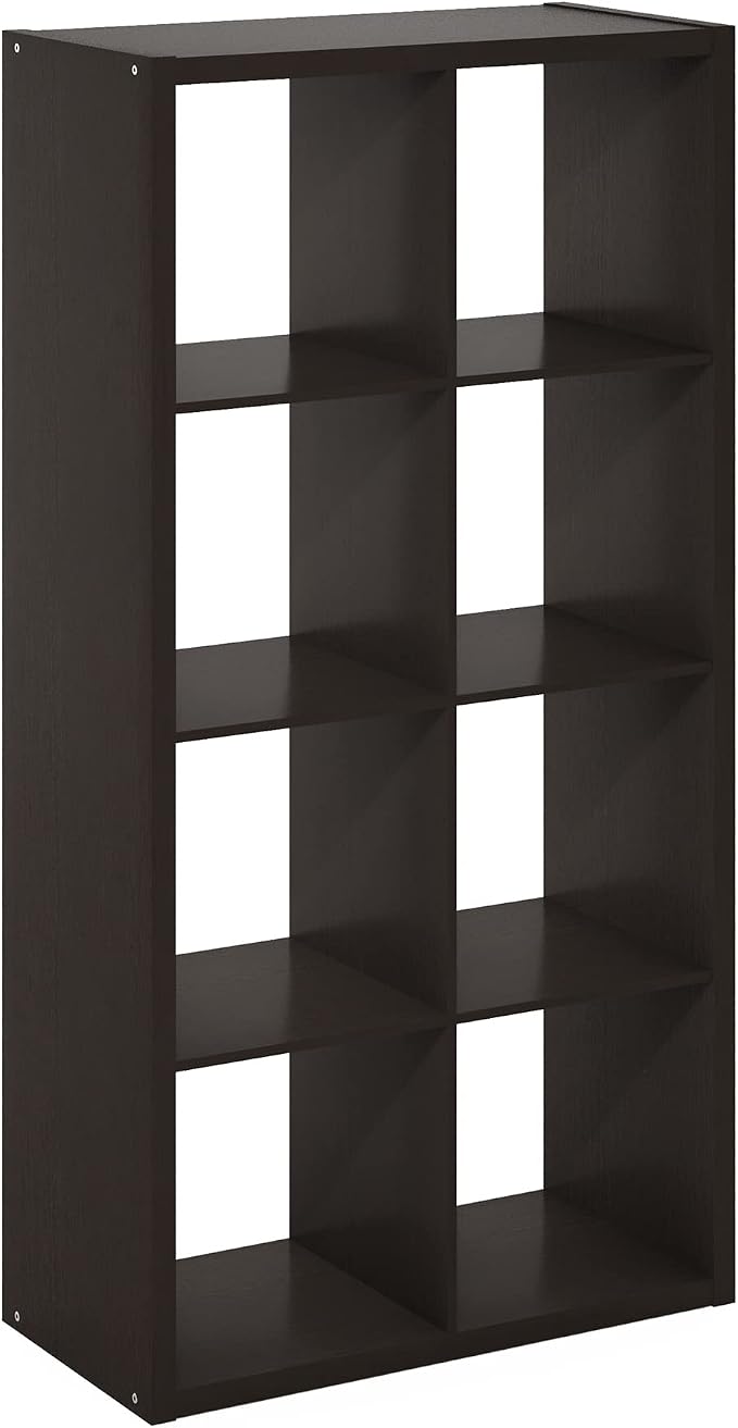 Furinno CUBICLE Book Shelf, 8-Cube Bookshelf, Extra Thick Frame Horizontally & Vertically Reversible Bookcase with Open Back, 14.6" x 30" x 58", for Living Room, Bedroom, Home Office, Black Dark Oak