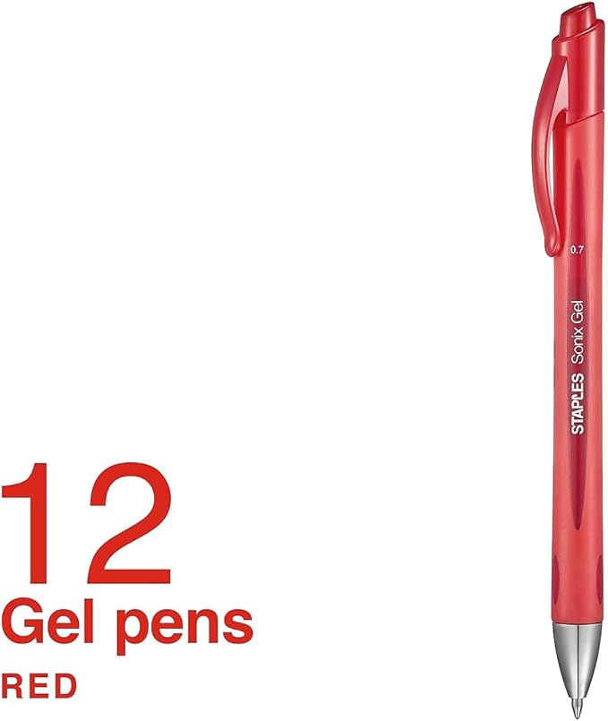 STAPLES Retractable Gel Pens, Medium Point 0.7mm, Red Ink, 12 Pack – Sonix Smooth‑Writing Gel Pens for Editing & Office Use