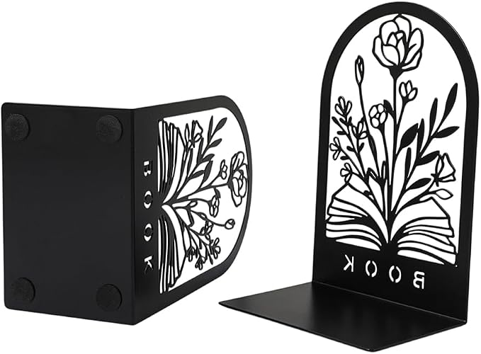 Book Ends, Bookends, Book Ends for Shelves, 2Pair Non Skid Metal Book Divider Decorative Holder, Abstract Art Desgin Book Stopper Supports for Office, Home (Flower Book)
