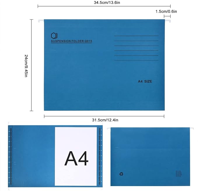 A4 Hanging File Folders, 25 Pcs Recycled Card File Folders for Filing Cabinet with Tabs and Card Inserts, Hanging Files Storage Folders for Office and School, Blue