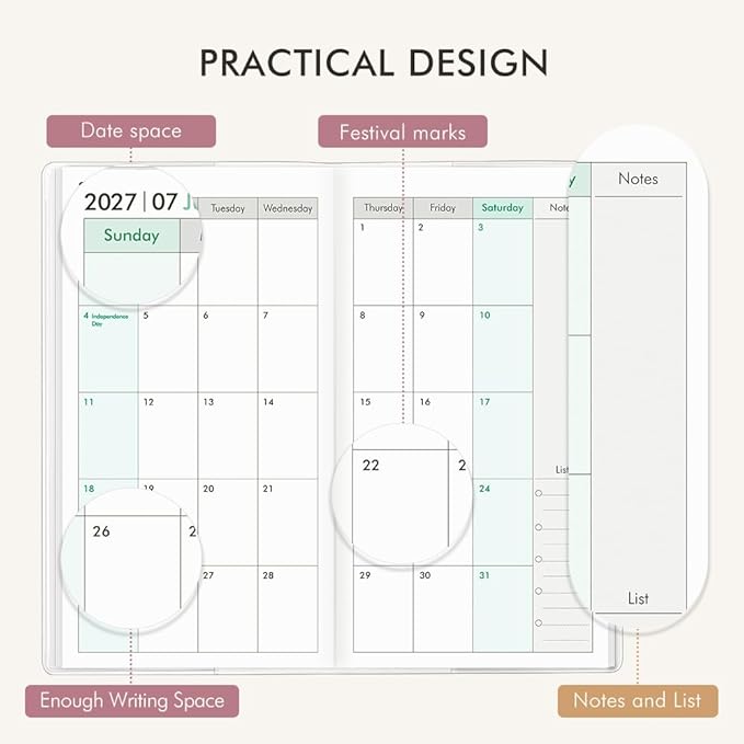 Pocket Calendar 2027-2028 for Purse, Small Pocket Planner 2027-2028 for Purse 3.5×6.5In, 24 Month Organizer from Jan 2027- Dec 2028 Mini Planner with Pvc Cover for Organizing & Planning