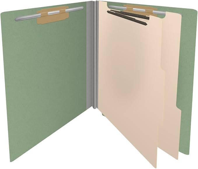 Pressboard Classification Folders, Full Cut End Tab, Letter Size, 2 Dividers, Green (Box of 10)