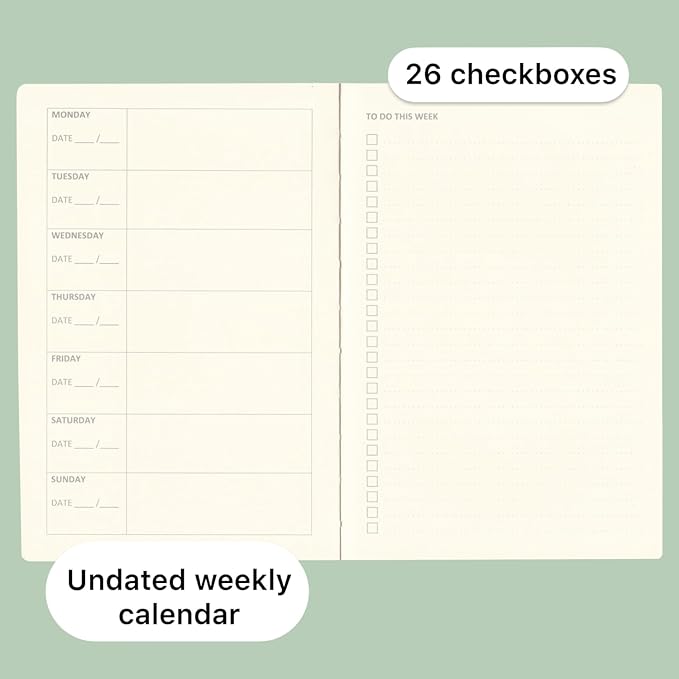RICCO BELLO Undated Weekly Planner To Do Notebook | Hardcover, for Work, School, Home with Pen Holder, Bookmark, Band Closure, Storage Pocket, 5.7 x 8.4 Inches (Succulents)