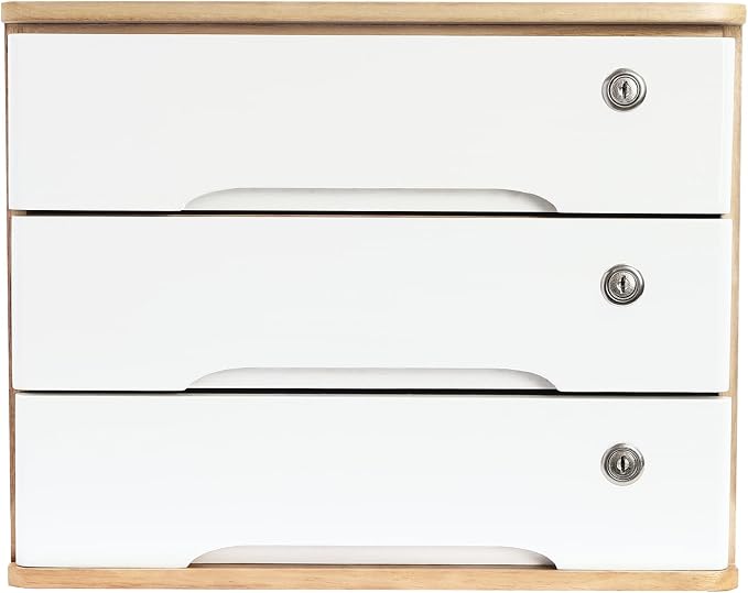 Wooden Desktop Storage Box with Lockable Drawers, Flat File Cabinet Drawer Desktop Storage Box, Countertop Storage Cabinet for Office Home Toiletries Supplies Vanity (natural wood+white, 3 Drawer)