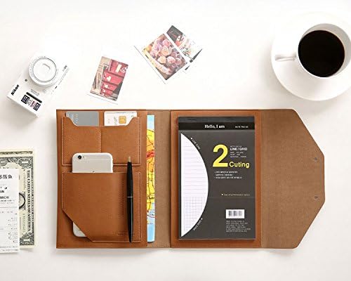 Modern Design PU Leather Padfolio, A5 Size Writing Portfolio Includes Writing Pad, Pen Holder, Card & ID Slots, Extra Pockets, Carry Case Pad Holder, 7”X9” (Brown)