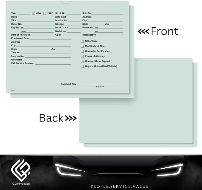 Printed Vehicle Deal Jackets Envelopes Folders for Auto Car Dealerships - 9x12 Size - Dealer Supplies - New and Used Cars - 100 Quantity (Green)