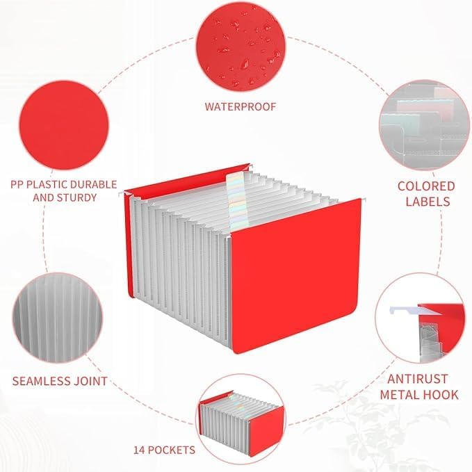 TOPCJ Plastic Expanding Hanging File Folders,12 Expandable Pockets,Multi Color Tabs,Hanging Folders for Filing Cabinet Letter Size,Office Supplies Manilla File Folders 8.5 X 11,Red