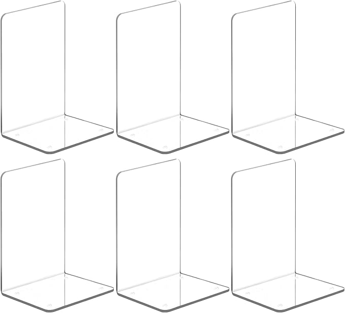 VFINE Acrylic Bookends 6 Pieces, Clear Book Ends for Shelves, Book Holders for Shelves, Transparent Book Dividers for Shelves, Stylish Book Stopper Organizer for Home Office Desktop Supplies