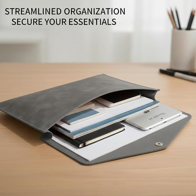 Leather Document Pouch A4 File Folder - Square Flap Document Holde Reusable Filling Envelopes - Thickened Snap-Closure Waterproof Business Organizer (1 Pc – Grey)