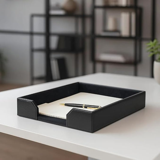 Dacasso Bonded Leather Desktop Tray Luxury Letter Holder & Paper Organizer for Desk, 13.5in x 10.5in x 2.13in, Black