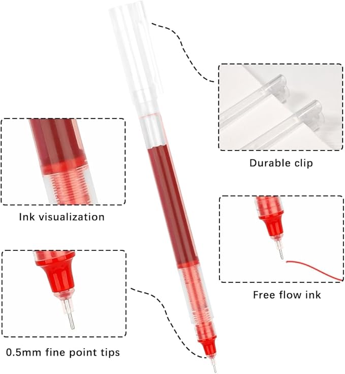 Back to School Backpack Essentials Red Pens Red Liquid Ink Rollerball Pens Writing Pen Red Ink Pen 12 PCS Fine Tip Fine Point Smooth for School 0.5 Pens Fine Point