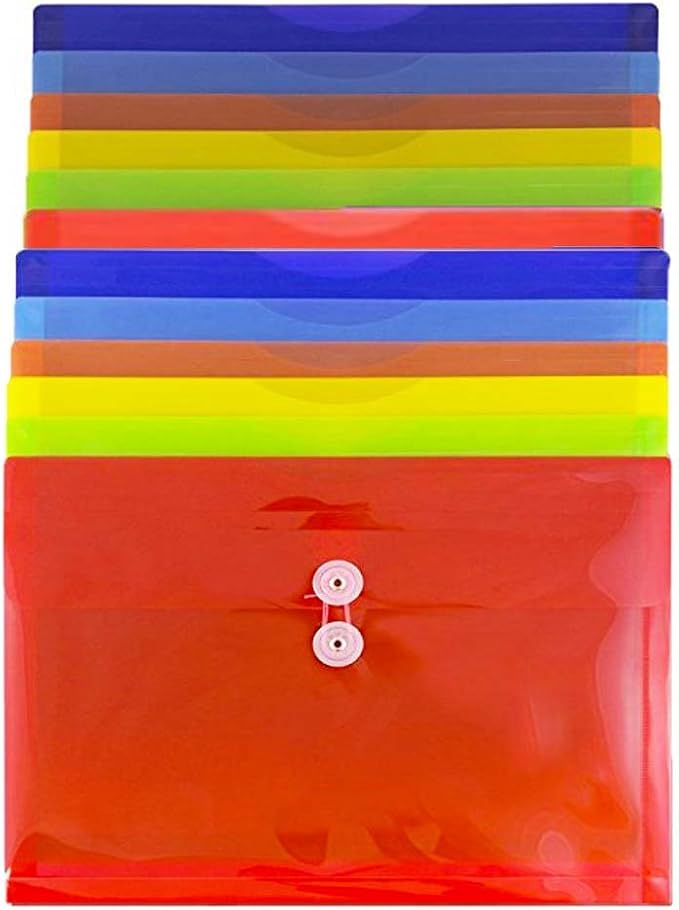 JAM PAPER Plastic Envelopes with Button & String Tie Closure - Letter Booklet - 9 3/4 x 13 - Assorted Primary Colors - 12/Pack
