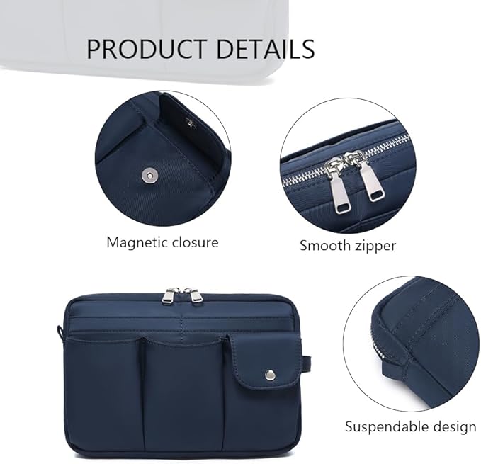 Storage Bag-arge Cosmetic Bag for Women Travel Makeup Bag Zip Up Bag Pure Cotton Canvas Can be Suspended (Navy Blue)