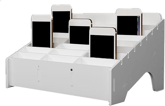 XICHENGSHIDAI 24 Slots Cell Phone Holder for Classroom, White Phone Storage Box and Calculator Organizer, Desktop Mobile Device Caddy for Teachers, School and Office, Caddy and Ink Pad Organizer