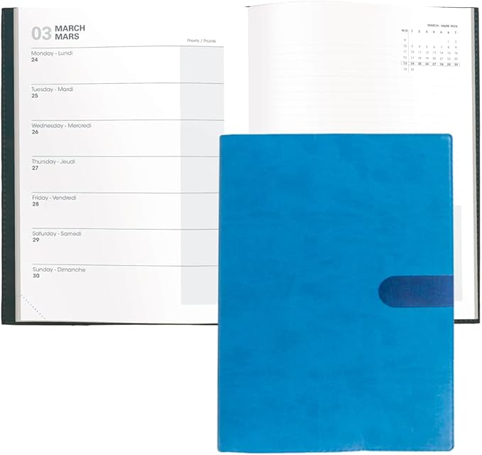 Quo Vadis 2026 Note - Bi-Lingual (EN/FR) - Weekly/Monthly Planner - 16 Months, Sept. 2024 to Dec. 2026 - 6" x 8 1/4" - Smooth Faux Suede Texas Blue Cover - A Modern Design for Journaling and Detailed Planning