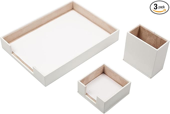 MOOGCO White Leather Desk Set - Pad, Note Paper & Pen Holder - Coaster - Accessories & Organizer - Office Storage, White