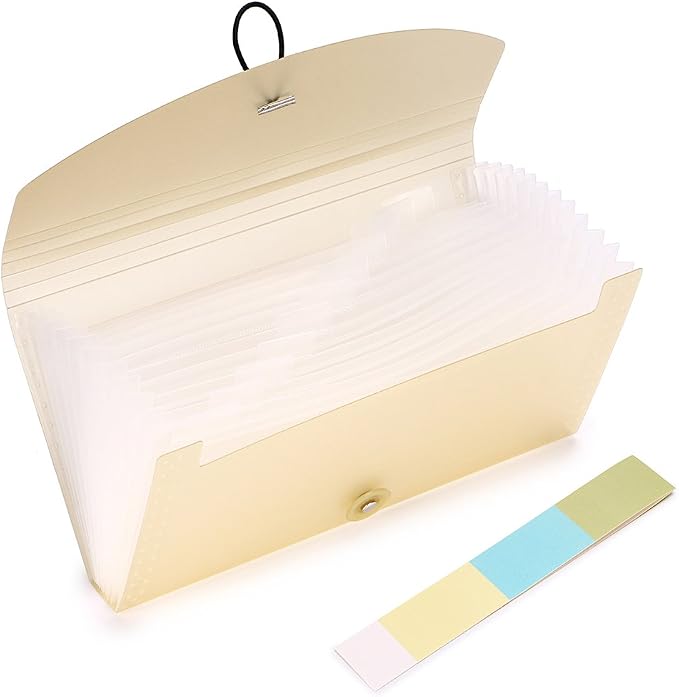 BTSKY Expanding File Folder - 13 Pockets, Small Accordion File Folder, Expandable Card Ticket Holder, Plastic Business Document Organizer, Khaki Translucent