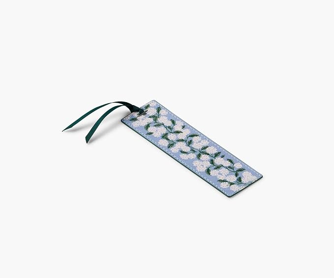 RIFLE PAPER CO. Hydrangea Bookmark, 1.75" W x 6" L, Delicate Blue and White Floral Design, Saffiano Polyurethane, Grosgrain Ribbon, Gold Foil Logo, Wipe-Clean
