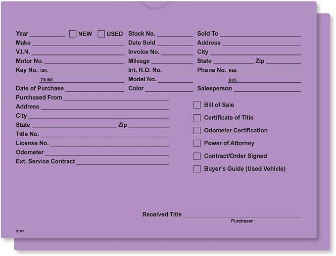 Printed Vehicle Deal Jackets Envelopes Folders for Auto Car Dealerships - 9x12 Size - Dealer Supplies - New and Used Cars - 100 Quantity (Lavender)