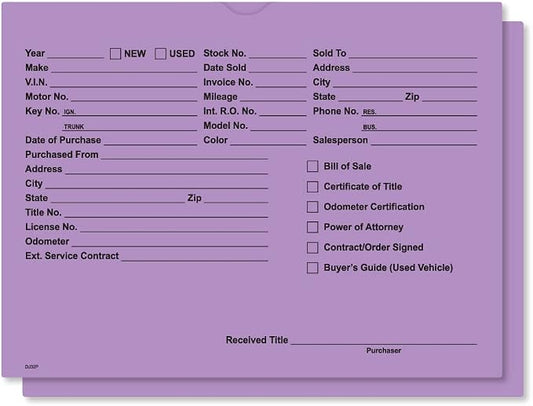 Printed Vehicle Deal Jackets Envelopes Folders for Auto Car Dealerships - 9x12 Size - Dealer Supplies - New and Used Cars - 100 Quantity (Lavender)