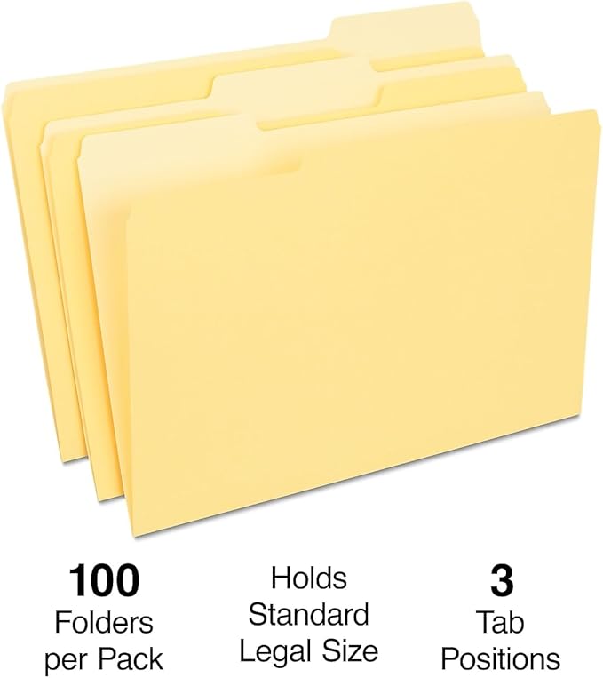 Staples Colored File Folders, Legal Size, 3‑Tab Top‑Tab Design, Yellow, Durable Paper Stock, 100/Pack