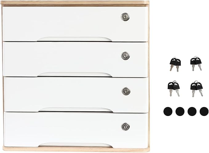 Lockable Desk Organizer Wooden Desktop Drawers Office Flat Files Storage Box Locking Countertop Storage Cabinet (Wood Color + White, 4-Tier)