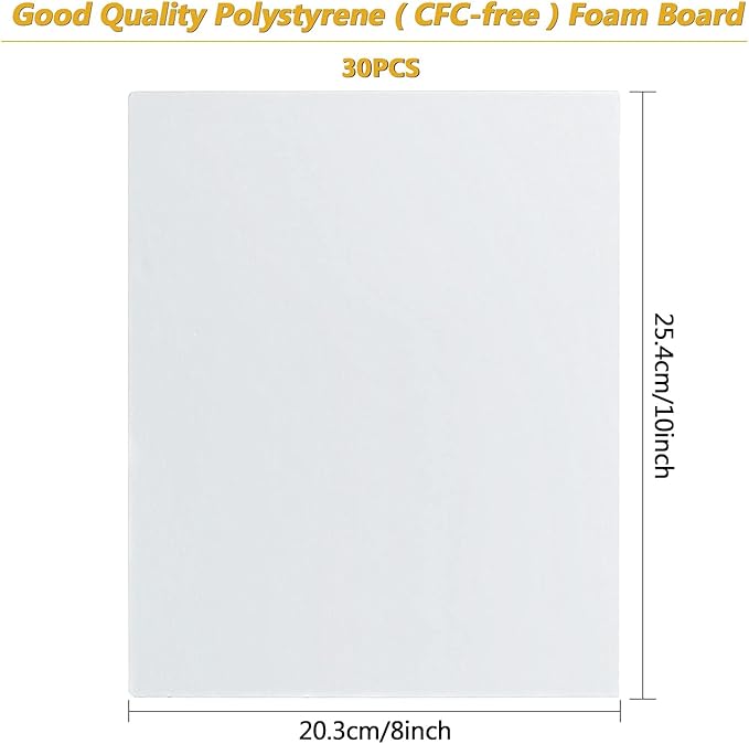 30Pcs Foam Board 10" x 8" White Poster Board 3/16" Thick Foam Core Backing Board White Mat Boards for Projects Art Presentations Crafts Display Favors