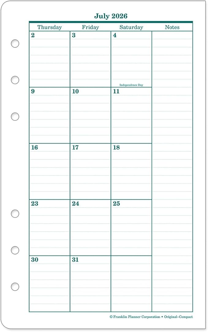 FranklinCovey - Original Ring-Bound Planner Refill - Two Page Per Month Calendar Tabs (Compact, Jul 2026 - Jun 2027)