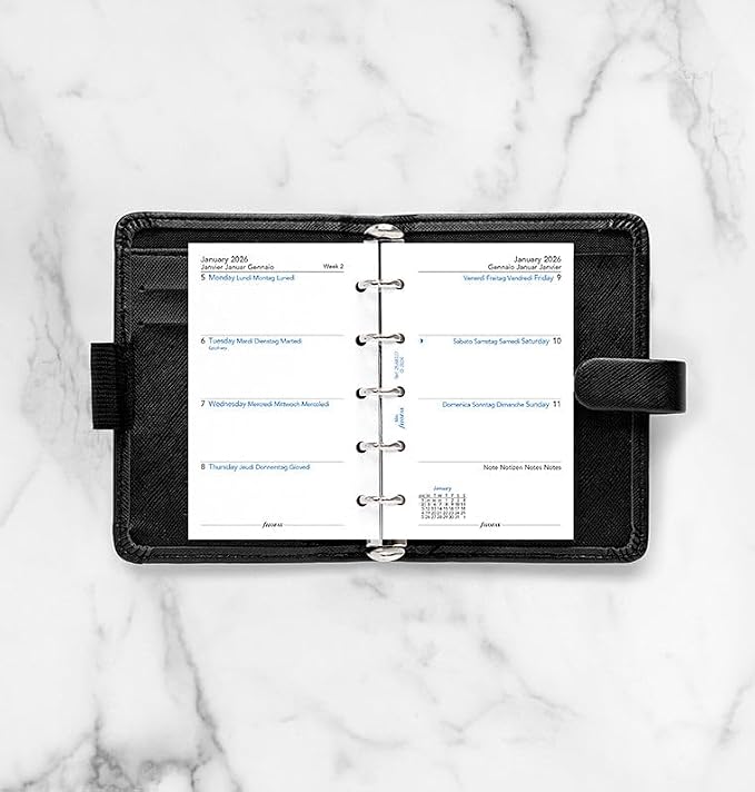 Filofax Calendar Diary Refill, Mini Size, Week-to-View, White Paper, Unruled, Multilingual: Four Languages, 2026 (C68127-26)