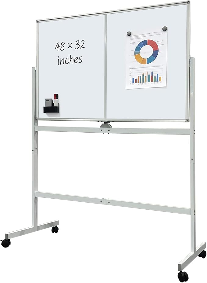 Mobile Whiteboard 48" × 32" with Rolling Stand, Double Sided Dry Erase Board on Wheels, Adjustable Height & 360° Rotation, White Frame for Office Classroom Home