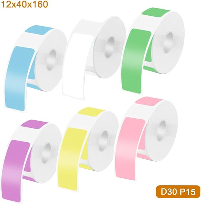 6 Rolls Label Tape for D30 Labels, Sticker Thermal Paper Self-Adhesive, 12 x 40 mm (0.47 x 1.57 Inch) 160 Tapes/Roll, Print Master Labels Refill Name Label for School Office Items