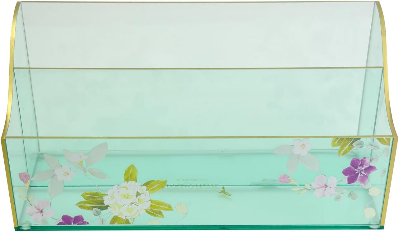 Papyrus Acrylic Mail Organizer – Green Aqua Desk Organizer with Double Sided Floral Prints – Small Letter Holder for Mail, Bills, Cards, and More – Desktop Stationary Organizer – Office Supplies
