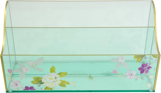 Papyrus Acrylic Mail Organizer – Green Aqua Desk Organizer with Double Sided Floral Prints – Small Letter Holder for Mail, Bills, Cards, and More – Desktop Stationary Organizer – Office Supplies
