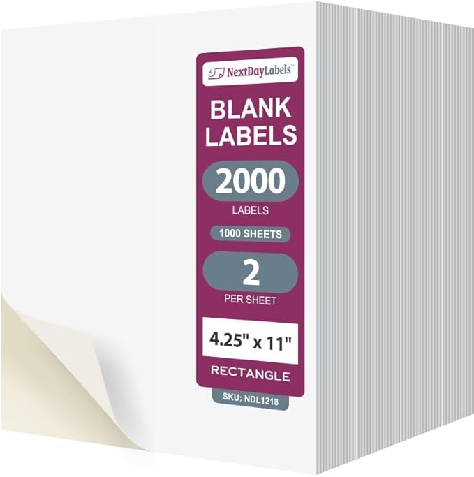 NextDayLabels 4.25x11 Inch Rectangle Stickers White Blank Labels for Laser Inkjet Printer - 2 Per Sheet Self-Adhesive Shipping Packaging Product Made in USA - 2000 Labels