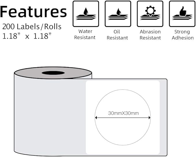 Phomemo Multi-Purpose Self-Adhesive Round Circle Label for Phomemo M110/M110S/M120/M200/M220 Label Maker, 1.18'' x 1.18'' (30x30 mm) Thermal Labels for Barcode, DIY Logo Design, Black on White