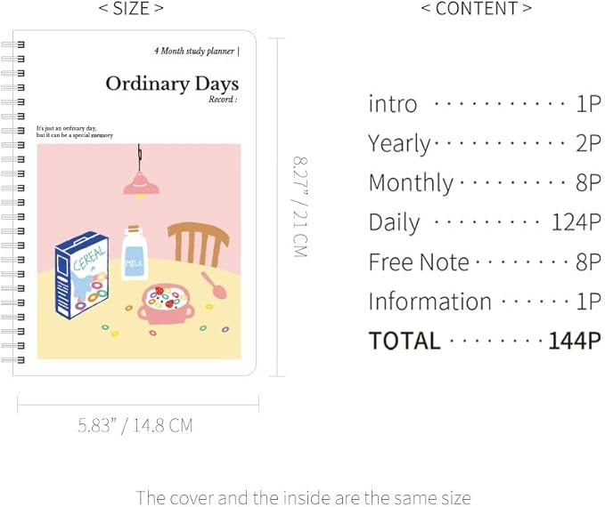 Monolike Ordinary days 4 Month Study Planner, Cereal - Academic Planner, Weekly & Monthly Planner, Study plan