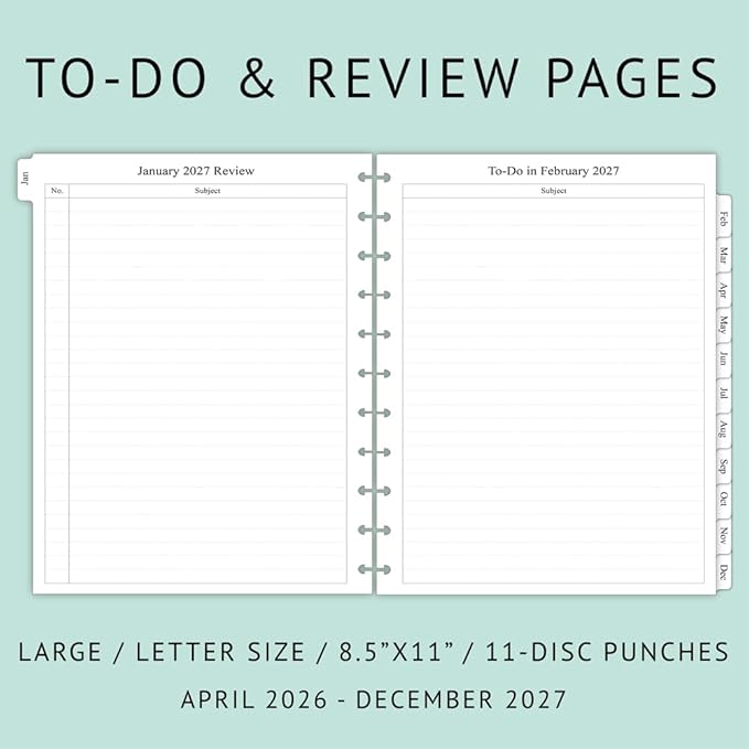 newestor 2026-2027 Monthly Planner Refill for 11-Discbound Notebooks, Apr 2026 to Dec 2027, Two Pages Per Month, Letter Size, 8-1/2" x 11"