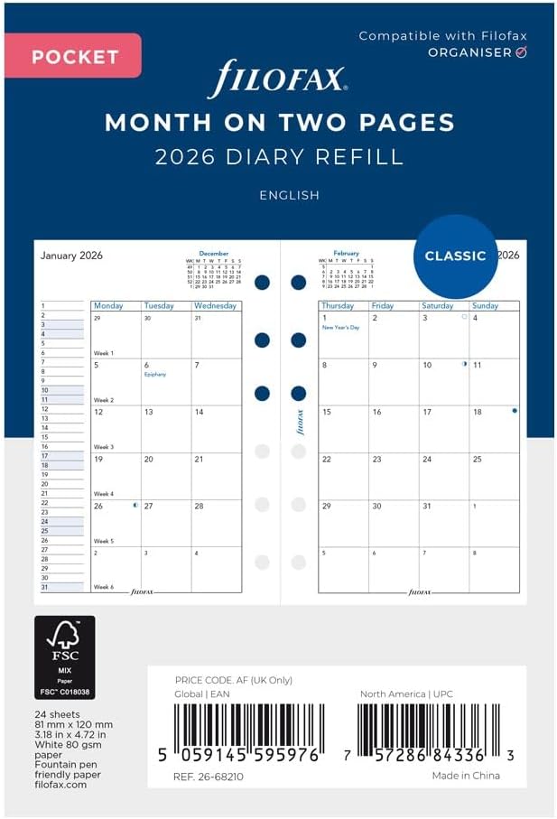 Filofax Calendar Diary Refill, Pocket Size, 4-3/4" x 3-1/4", Month-to-View, White Paper, English, 2026 (C68210-26)