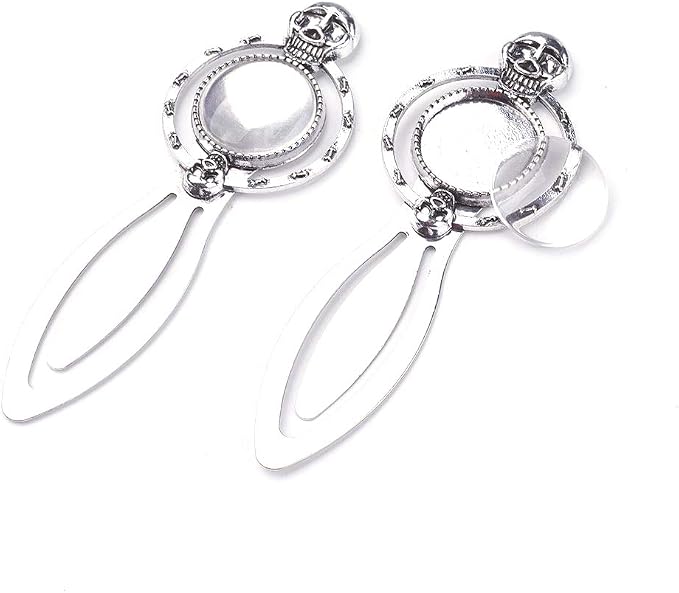 FASHEWELRY 20Pcs Antique Silver Bookmark Pendant Tray Kit Include 10Pcs 18mm Skull Head Round Blank Bezel Base Setting Charms with 10Pcs Clear Glass Dome Tiles Cabochons