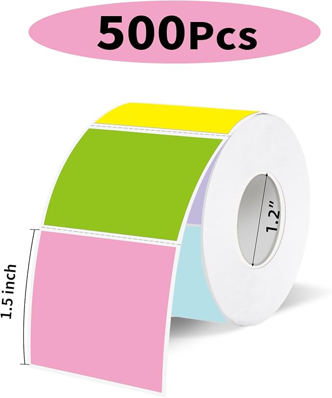 1.5 Inch Square Thermal Label Printer Stickers, Self-Adhesive Direct Thermal Labels Stickers, Waterproof/Perforation Line Design- 500 Sheets/ 5 Colors