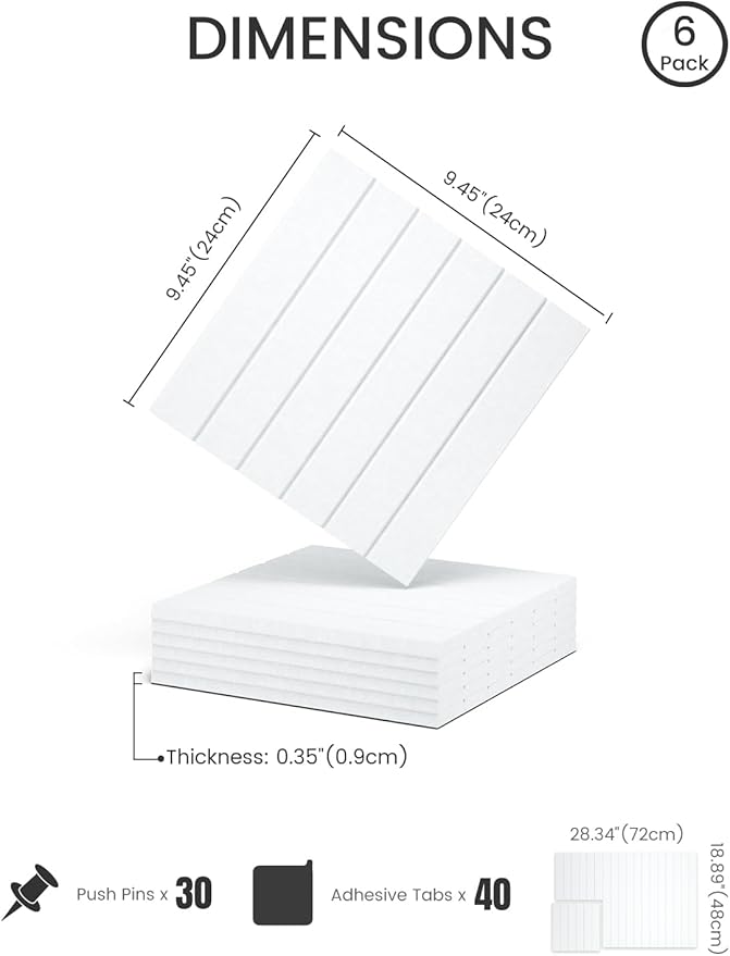 Fluxynara Felt Bulletin Board Tiles -28"x18" with 40 Adhesive Tabs, Cork Board Alternative for Office Decor, Push Pin Board Wall Organizer 6-Pack (Cold White)
