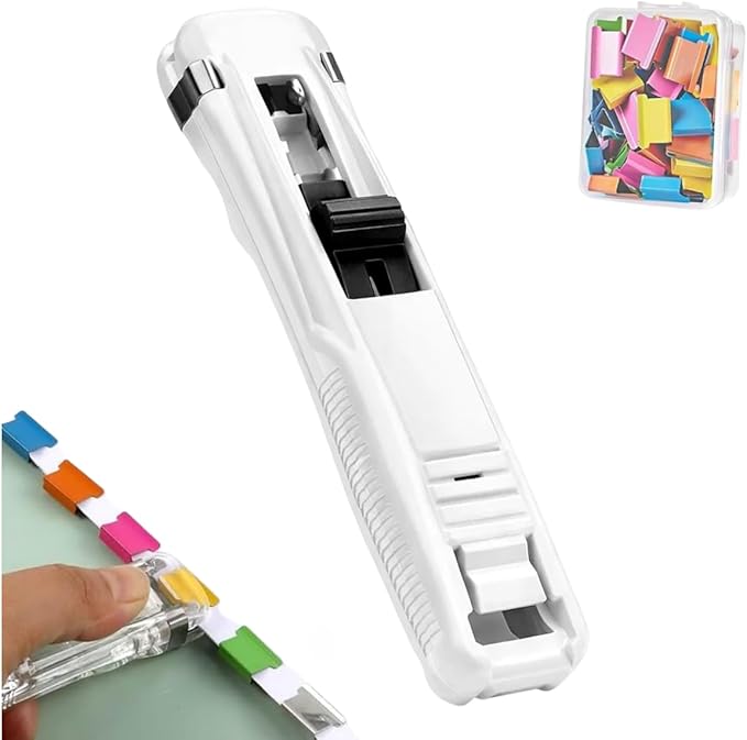 Portable Binder Clip Stapler - Includes 50 Reusable Clips, 2026 New Mini Push Stapler Clamp Staplers, Desktop Push Stapler Binder Clips for Home School Offic (White)
