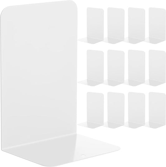 Beeveer 6 Pairs Metal Bookends Book Stopper for Shelves Office Book Holder Library Bookend for Heavy Books Desk Home Bookshelf School (White)